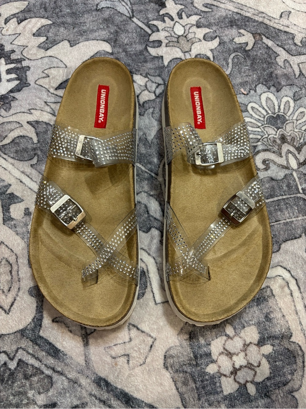 UNIONBAY Women's Silver Rhinestone Buckle Slide Sandals